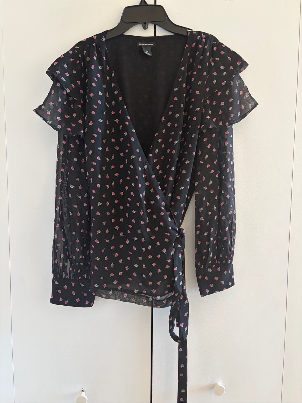 Club Monaco Wrap Ruffle Blouse with Pink Floral Print